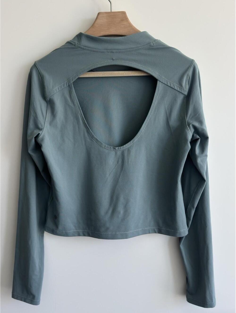 Athleta Shanti Mock Neck Crop Top XL Green PowerVita Open Back Yoga Shirt - Picture 3 of 8